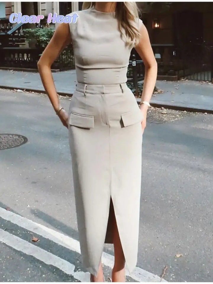 FINS - Two-Piece Midi Dress Set with Pocket Detail