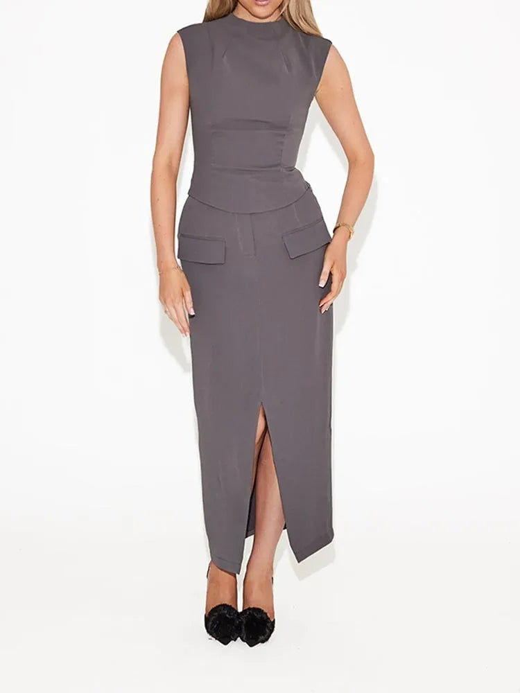 FINS - Two-Piece Midi Dress Set with Pocket Detail