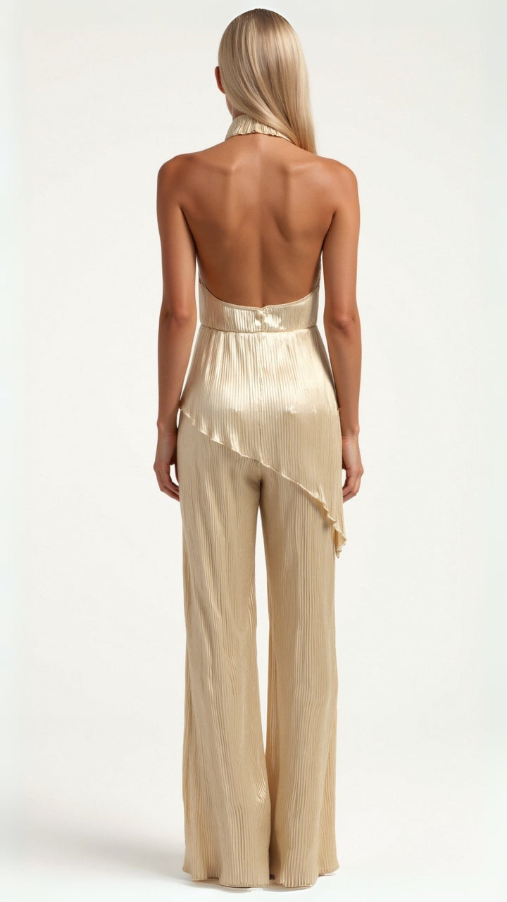 SERAPHINE - Golden Satin High-Neck Two Piece Set